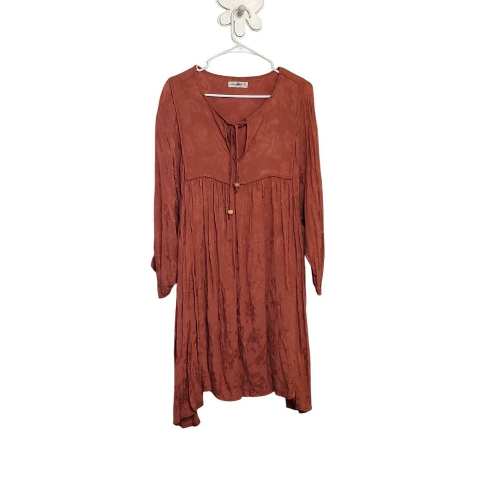 NATURAL LIFE Rust Embossed Babydoll Bubble Sleeves Boho Bohemian Mini Dress XL - Picture 2 of 10